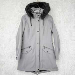 Guess Jacket Womens Large Gray Hooded Faux Fur Parka Coat Laced Sides Winter